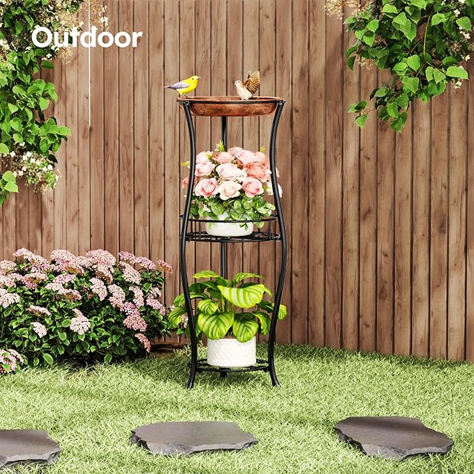 Homsorout Plant Stand Indoor Outdoor - 3 Tier 32" Tall Metal Plant Shelf with Bird Bath, Rustproof Stable Flower Pot Holder for Planter Corner Garden Balcony Patio, Black