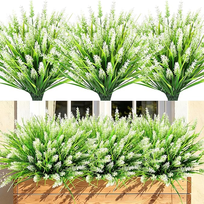 AmyHomie Fake Plants Artificial Flowers for Outdoors – 16 Bundles White Fake Lavender Plants & Monkey Grass, UV Resistant Faux Greenery for Patio, Porch, Planter, Garden and Window Decor