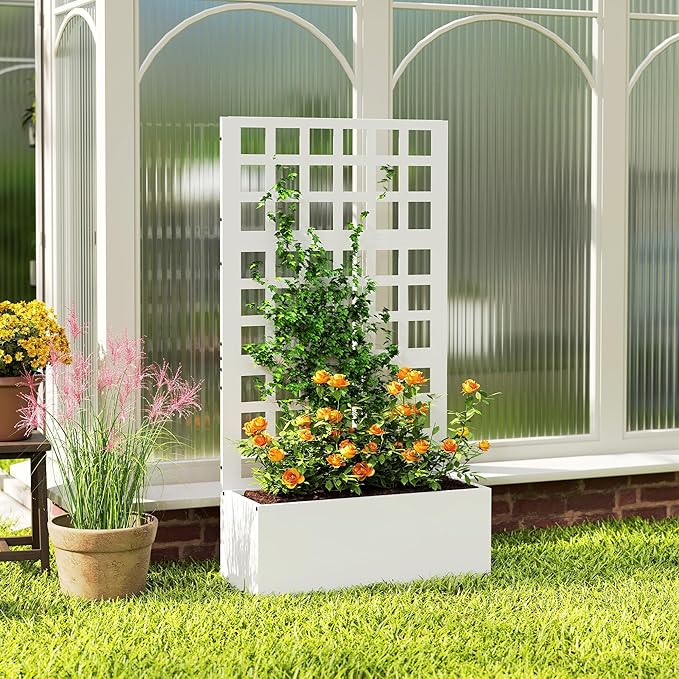 Outsunny Galvanized Raised Garden Bed with Trellis, Metal Planter Box with Drainage Holes, Outdoor Privacy Screen for Climbing Plants, Vegetable, Vines, 24" x 9" x 44.5", White