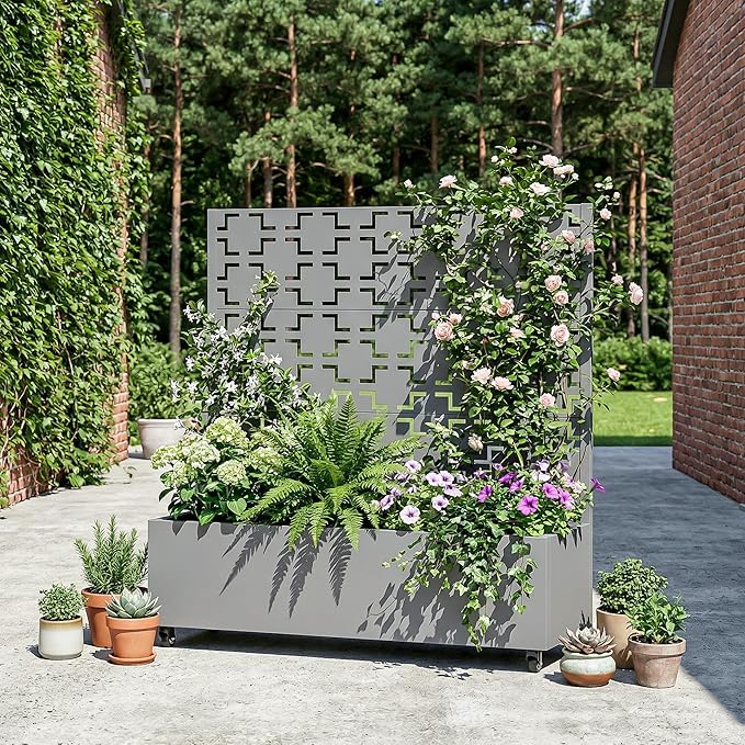Casaphoria Metal Raised Garden Bed with Trellis and Wheels, 47"x47"x16" Planter Box for Climbing Plants, Vegetables & Vines, Features Drainage Holes and Privacy Screen, Grey-Square