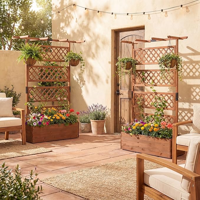 COSTWAY Wooden Raised Garden Planter with Trellis and Roof, 72" Freestanding Privacy Screen & Climbing Plant Support for Outdoor Patio, Balcony, Vegetable, Herb, and Flower Gardening (Brown,1)