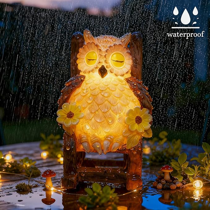 LIULO TOOL Garden Gift for Mom Grandma, LED Solar Owl on Chair Patio Sculpture, Cute Outdoor Fairy Garden Housewarming Decor Figurine 6x4.5x3.3 in