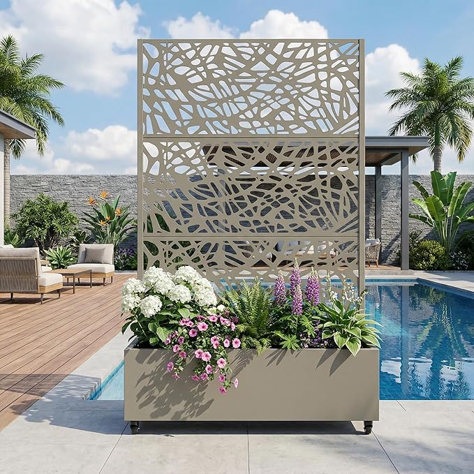 Casaphoria Metal Raised Garden Bed with Trellis and Wheels, 72"x47"x16" Arched Planter Box for Climbing Plants, Vegetables & Vines, Features Drainage Holes and Privacy Screen, Grey-Net
