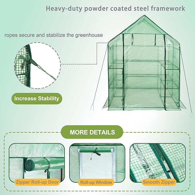 SUNGIFT Walk-in Greenhouse for Outdoors, 57x61x80 Inch Large Greenhouse, 3 Tiers 10 Shelves Mini Green House Kit with Observation Windows Roll-up Door Zipper, Plant Garden Hot House for Herbs, Flowers