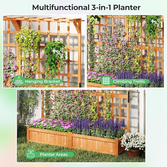 Giantex Large Raised Garden Bed with Trellis & Roof, 72" Wooden Garden Bed, High Trellis for Plant Flower Climbing Pot Hanging, Indoor & Outdoor Planter Box for Yard, Garden, Balcony