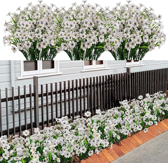 21 Bundles Artificial Outdoor UV Resistant Flowers No Fade Fake Outside Flowers Plastic Greenery Faux Shrubs Garden Porch Window Box Home Decoration (White)