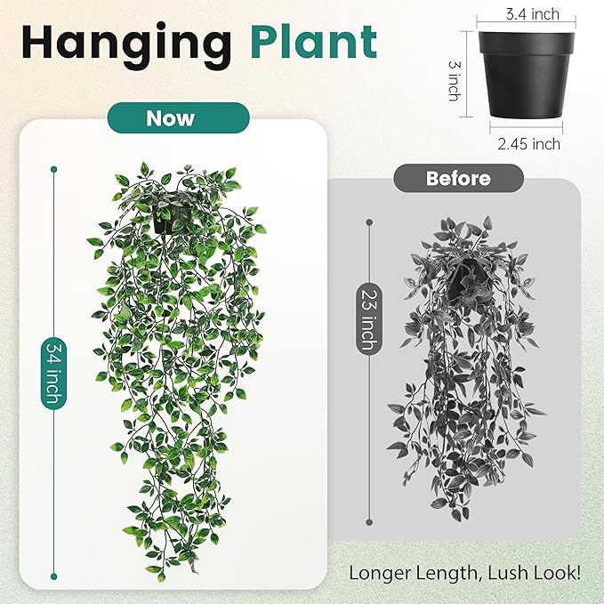 Der Rose 34'' Fake Plants Hanging Artificial Potted Plants Indoor and Outdoor for Home Bathroom Wall Shelf Office Decor (1Pack)
