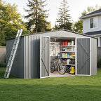 12 x 10FT Sheds & Outdoor Storage, Grey Metal Waterproof Storage Shed with Door and Lock Outdoor Shed,All-Weather Shelter for Bike, Gardening Tools, Lawn Mowers