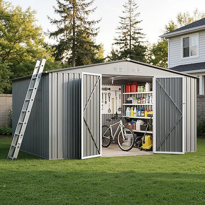 12 x 10FT Sheds & Outdoor Storage, Grey Metal Waterproof Storage Shed with Door and Lock Outdoor Shed,All-Weather Shelter for Bike, Gardening Tools, Lawn Mowers