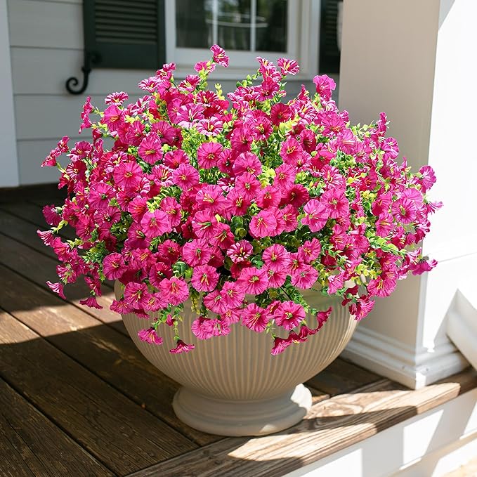 HyeFlora Artificial Flowers for Outdoors Fake Plants Outside Decoration, 12 Bundles Faux Fuchsia Morning Glory UV Resistant Look Real Silk Flowers for Outside Planter Front Door Porch Patio Yard Urn