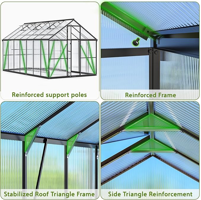 Wanan 8x14FT Greenhouses for Outdoors, Quick Assembly Polycarbonate Green House with UV Protection, Windproof Aluminum Frame Heavy Duty, Adjustable Roof Vent for Backyard or Outdoor Garden Use