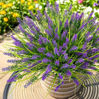 N&T NIETING Artificial Plants Outdoor, 20 Bundles Fake Monkey Grass with Spring Summer Flowers, Faux Plants for Garden Window Office Patio Hanging Planter Pathway Front Porch Home(Purple)