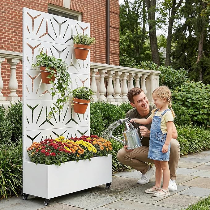 Casaphoria Metal Raised Garden Bed with Trellis and Wheels, 72"x35"x16" Planter Box for Climbing Plants, Vegetables & Vines, Features Drainage Holes and Privacy Screen, White-Star