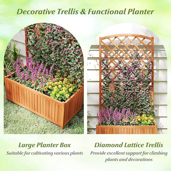 Giantex Solid Acacia Wood Planter Box with Trellis, 63" Set of 2 Raised Garden Bed with Trellis, Plant Box, Slat Base, Outdoor Privacy Planter for Vine Climbing Plants Flowers, Garden, Patio, Balcony