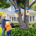 Dreyoo 2 Pack Bluebird Box Houses for Outside,1-1/2'' Entrance Hole Wooden Bird Houses with Metal Guard, Secure Latch,Fledgling Grooves,Air Vents for Bluebird Wren Swallow(Blue Roof, Wood Body)