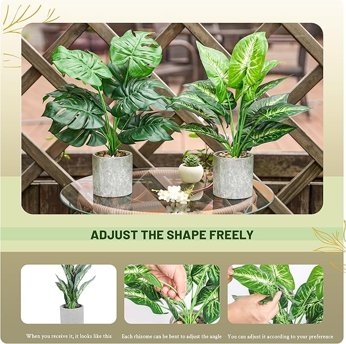 2pcs Fake Plants 16" Faux Plants Artificial Tropical Plants Indoor for Home Office Desk Kitchen Bathroom Table Shelf Decor