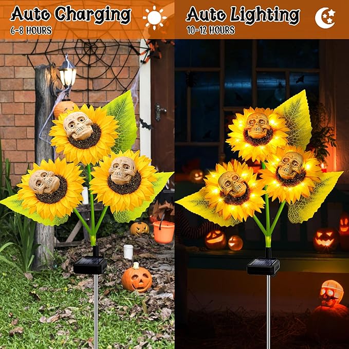 Halloween Decorations Outdoor, 2 Pack Solar Scary Skull Sunflowers Lights,Waterproof Solar Flowers Lights Garden Decor for Halloween Yard Patio Lawn Party Decor