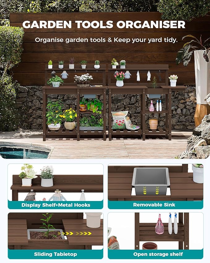 SERWALL Outdoor Potting Bench 2-Piece Set, Rot-Resistant HDPE Potting Table with Removable Sink for Outside Gardening, All-Weather Use - Coffee