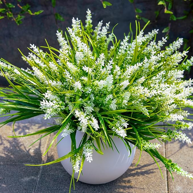 UV Resistant Faux Outdoor Plant, Fake Monkey Grass with Flowers, 12 Bundles Outdoor Artificial Plants Porch Decoration for Planter, Realistic Greenery with Flexible Stems for Patio Garden Pathway