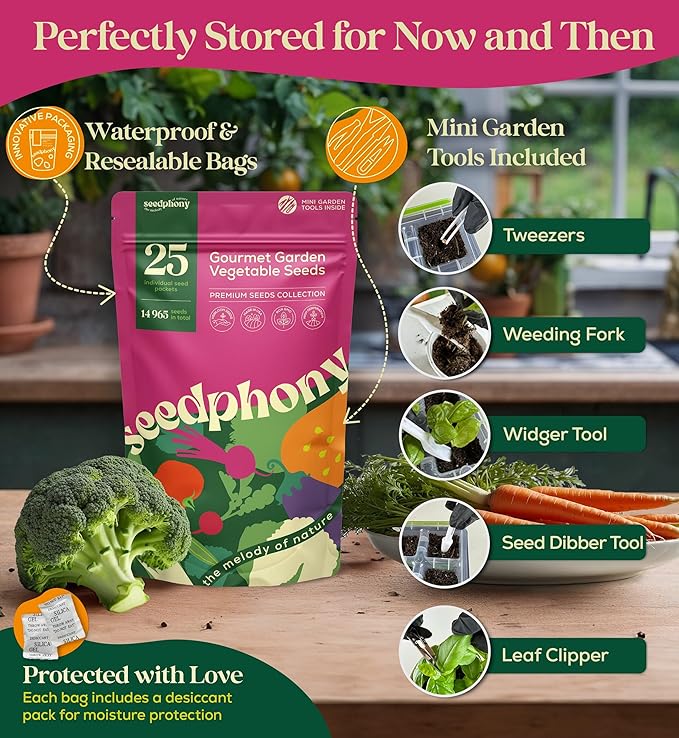 Seedphony 25 Gourmet Garden Vegetable Seeds Variety Pack - 14,965+ Non-GMO Heirloom Vegetables Seeds for Planting Indoor&Outdoor Home Garden Seeds - Gardening Seed Packets for Planting Vegetable Seeds