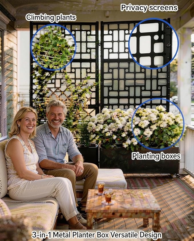 73" Ornamental Metal Planter Box with Trellis on Wheels, Raised Garden Bed with Scrollwork Privacy Screen, Outdoor Privacy Planters for Patio Balcony Backyard, Climbing Plants Vegetables