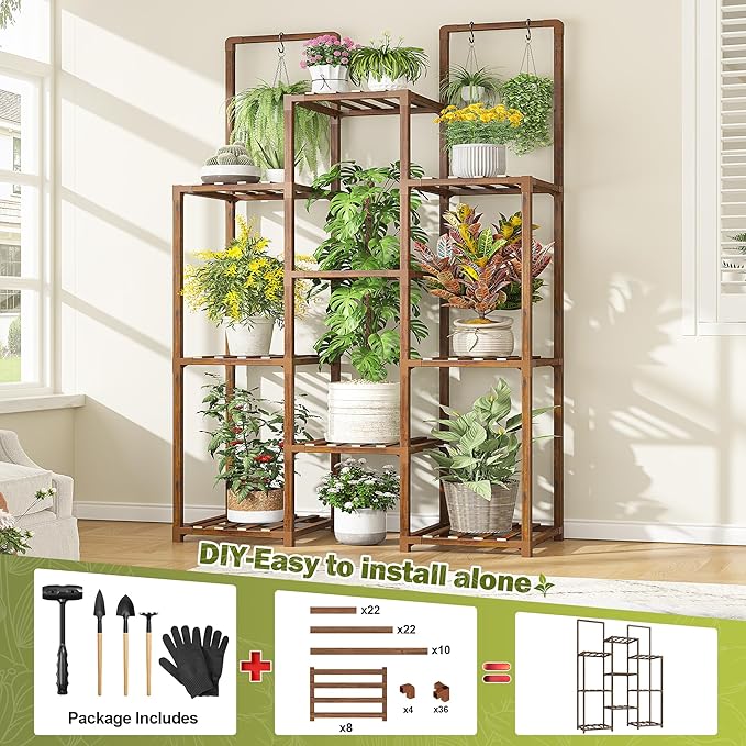 EnHomee Plant Stand Indoor Tall Plant Stand Outdoor Large Wood Plants Shelf with 10-12 Pots for Patio, Living Room, Garden, Balcony, 34.2 Wx47.6 Hx11.78 D