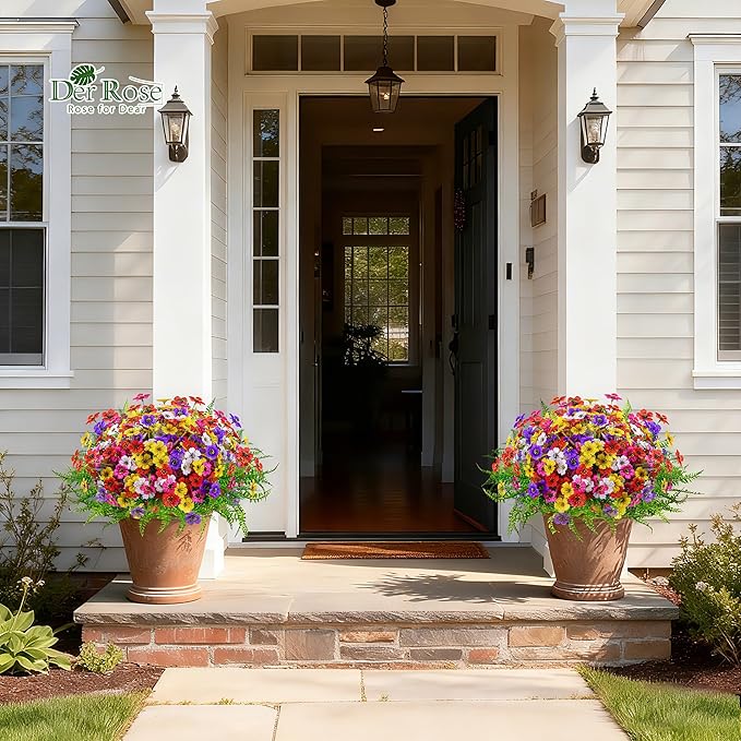 Der Rose 24 Bundles Artificial Flowers for Outdoors Fake Ferns UV Resistant Faux Spring Flowers for Outdoor Planters Home Garden Patio Front Porch Decor