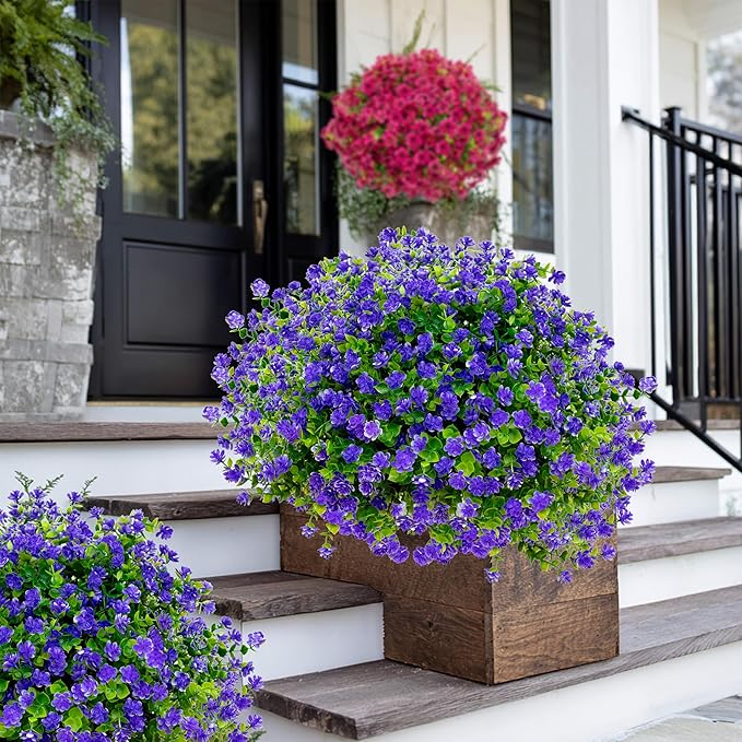 Artificial Flowers for Outdoors Fake Plants - 12 Bundles Faux Outside Greenery Boxwood No Fade Plastic Shrubs Fall Decor Farmhouse Home Garden (Purple)