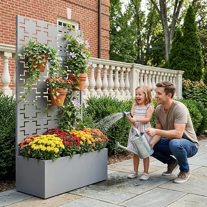 Casaphoria Metal Raised Garden Bed with Trellis, 59"x30"x12" Planter Box for Climbing Plants, Vegetables & Vines, Features Drainage Holes and Privacy Screen, Grey-Square