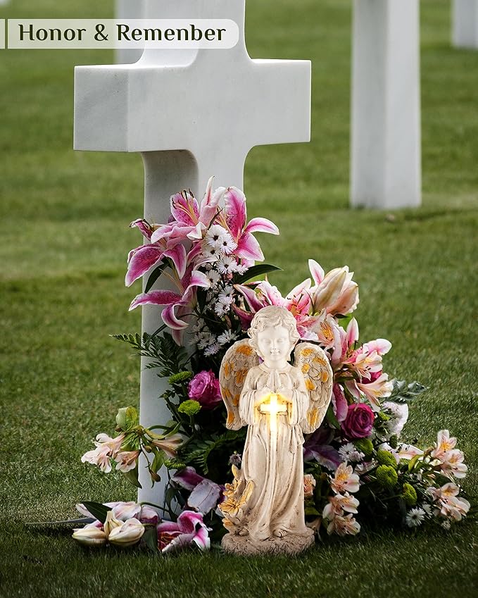 Solar Angel Statues for Outside, 12" Garden Solar Angel Figurines w/Lighted Cross, Guardian Angel for Cemetery, Yard, Pathway, Lawn Decor, Memorial Gardens Gifts for Mom Grandma Women