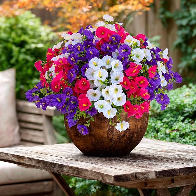 Artificial Flowers Outdoor Morning Glory - 16 Bundles Fake Plants UV Resistant No Fade Faux Plastic Greenery Home Garden Patio Decoration Indoor (1, Multi16-1)