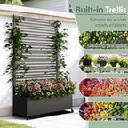 Metal Planter Box with Trellis Privacy Screen, Raised Garden Bed with Trellis & Wheels, Privacy Planters for Patio, Planter Box with Drainage Holes for Climbing Plants, 73"x 47"x 16", Black