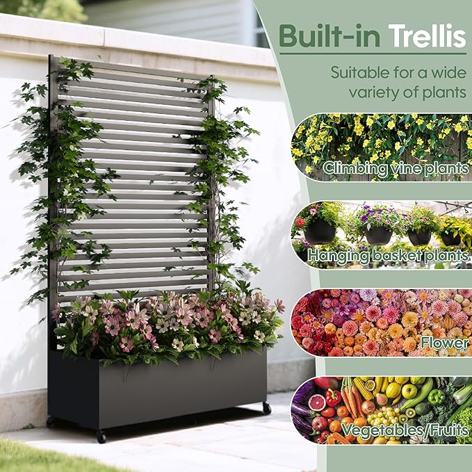 Metal Planter Box with Trellis Privacy Screen, Raised Garden Bed with Trellis & Wheels, Privacy Planters for Patio, Planter Box with Drainage Holes for Climbing Plants, 73"x 47"x 16", Black