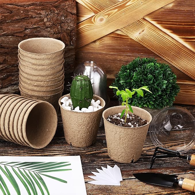 Hahood 60 Set Plant Seeding Pots with Humidity Dome, 3 Inch Brown Biodegradable Seed Starter Pots, Plant Nursery Pots with Plant Labels for Seedlings, Garden Vegetable Germination