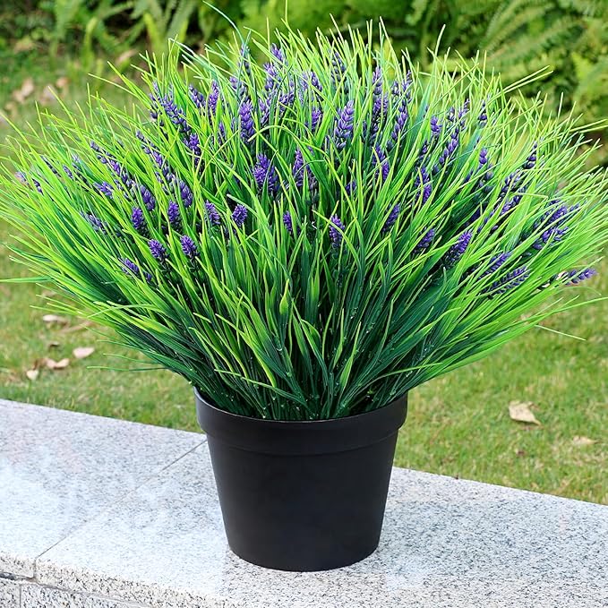 Potted Artificial Plants for Outdoor - 2 Sets Pre-Made Faux Lavender Grass in Pots Large UV Resistant Look Real for Gardens Yards Patios Paths Home Outdoor Decor