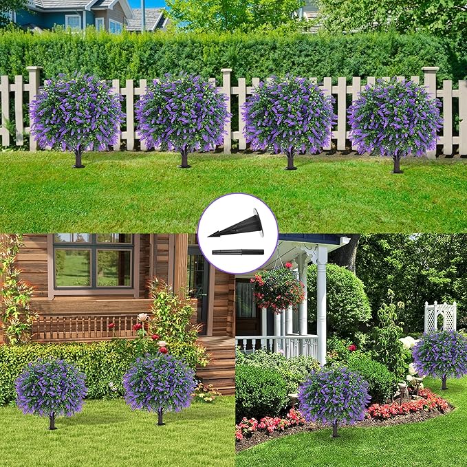Grooy Artificial Boxwood Topiary Ball with Lavender, Set of 2 Artificial Shrub Bushes with Ground Spike, UV Resistant Fake Evergreen Plant Tree for Porch Outdoor Planters Indoor Valentine's Day