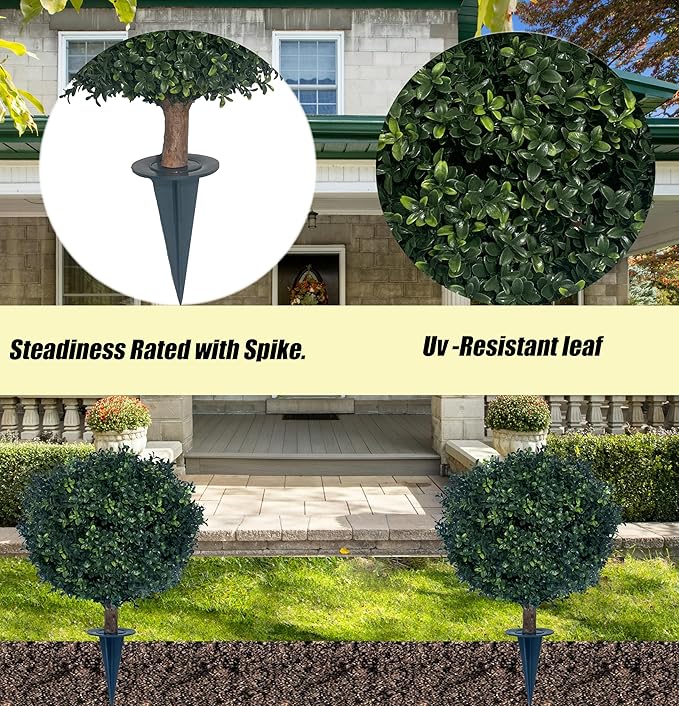 kyesyes Artificial Boxwood Ball Bush 27" Tree UV Resistance Rated with Spike. Easy to Push in The Ground.Plant Looks Great in a Planter Anywhere. Indoor/Outdoor Decor 2 Pack