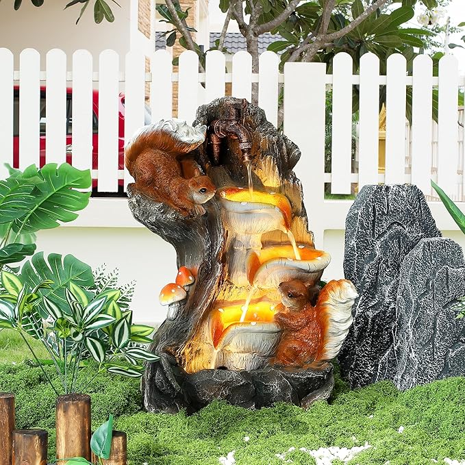Grepatio Outdoor 4-Tiers Cascading Water Fountain, Garden Waterfalls Fountain with LED Lights, Indoor/Outdoor Floor Standing Water Fountains with Pump for Patio, Yard, Deck Decor with 2 Squirrel Look