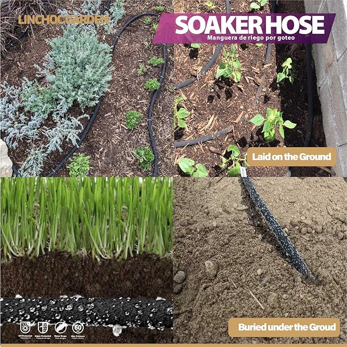 LICNCHOC GARDEN Soaker Hose 25ft,1/2 INCH Flexible Durable Garden Hose for Efficient Watering, Leak-Proof Design 100% Recycled Rubber,Ideal for Lawns,Gardens & Flower Beds