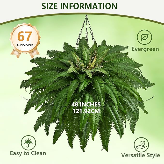 48In Artificial Boston Ferns Bush, Set of 2 Large Faux Ferns Plants, 67 Branches Fake Ferns for Home Living Room Decor, Indoor and Outdoor