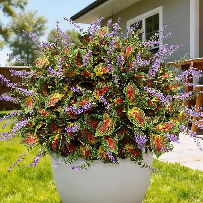 12 Bundles Artificial Coleus Flowers | UV Resistant No Fade Silk Faux Plants | Spring Summer Outdoor Fake Greenery for Garden Patio Planters Front Porch Pathway Decor (Yellow)