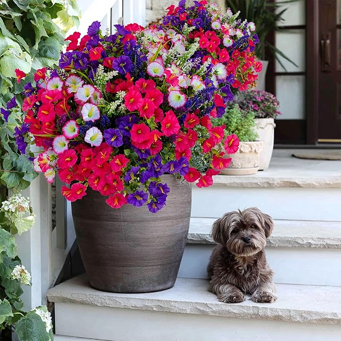 Artificial Flowers Outdoor Morning Glory - 16 Bundles Fake Plants UV Resistant No Fade Faux Plastic Greenery Home Garden Porch Decoration Indoor (1, Multi16-3)