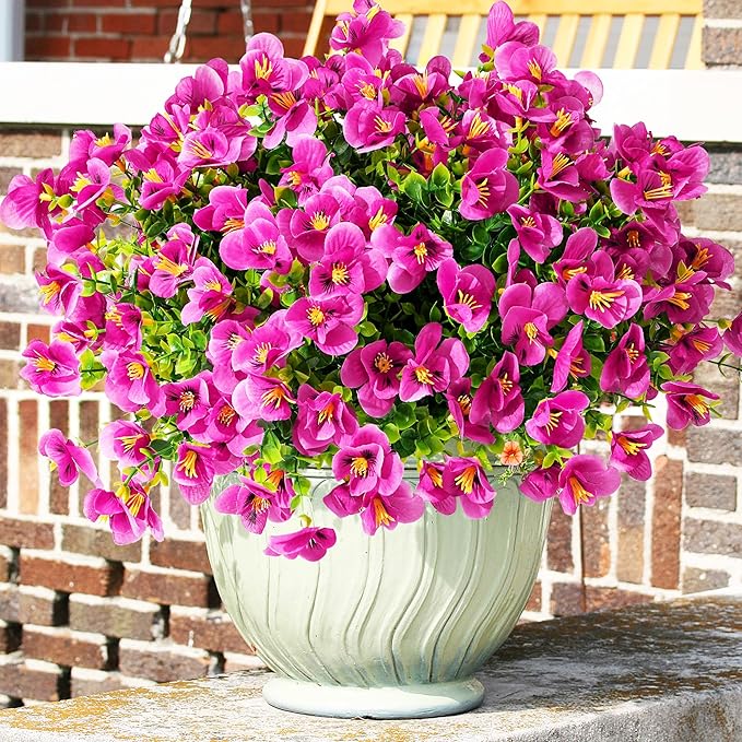 Artificial Flowers for Outdoor, UV Resistant Fake Silk Pansies Flowers, Realistic Faux Plants for Outside Indoor Porch Patio Window Box Planter Home Decor (16, Pink)