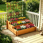 3-Tier Raised Garden Bed with Trellis, 43.3" H Fir Wood Planter Box with Non-Woven Liner, Vertical Climbing Plant Support for Patio Yard, Outdoor Grow Beds for Flowers Herbs Vegetables Fruits