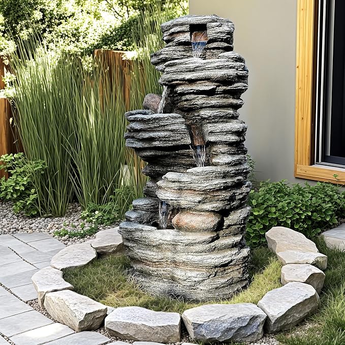 Jocoevol 40" Outdoor Water Fountain with LED Lights - 5-Tier Cascading Rock Waterfall Fountain, Natural Rock Look, Ideal for Garden, Landscaping, Patio, Balconies and Yard Decor
