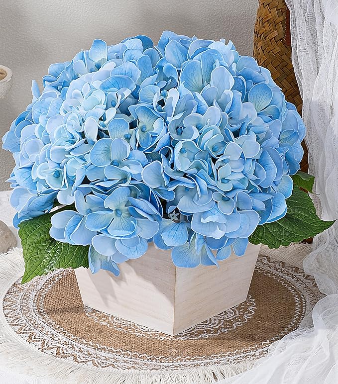 Artificial Hydrangea Flowers Arrangement in Wood Planter, 4PCS Fake Blue Flowers in Wooden Vase Potted Floral Centerpieces for Tables Living Room Home Office Room Shelf Kitchen Decor