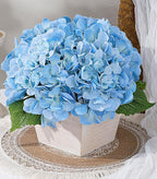 Artificial Hydrangea Flowers Arrangement in Wood Planter, 4PCS Fake Blue Flowers in Wooden Vase Potted Floral Centerpieces for Tables Living Room Home Office Room Shelf Kitchen Decor