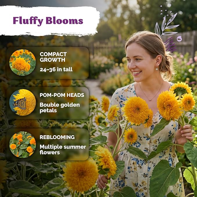 KVITER 75 Teddy Bear Sunflower Seeds (Helianthus Annuus) - Dwarf Sunflower, Fully Double Golden Pom-Pom Blooms, Non GMO Seed Packets - Flower Seeds for Outdoor Garden, Containers, Flower Beds