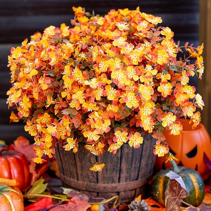 Artificial Fall Flowers Outdoor Fake Mums - 12 Bundles Fake Plants UV Resistant No Fade Faux Plastic Greenery Garden Porch Patio Fall Home Decor(RedOrangeYellow)
