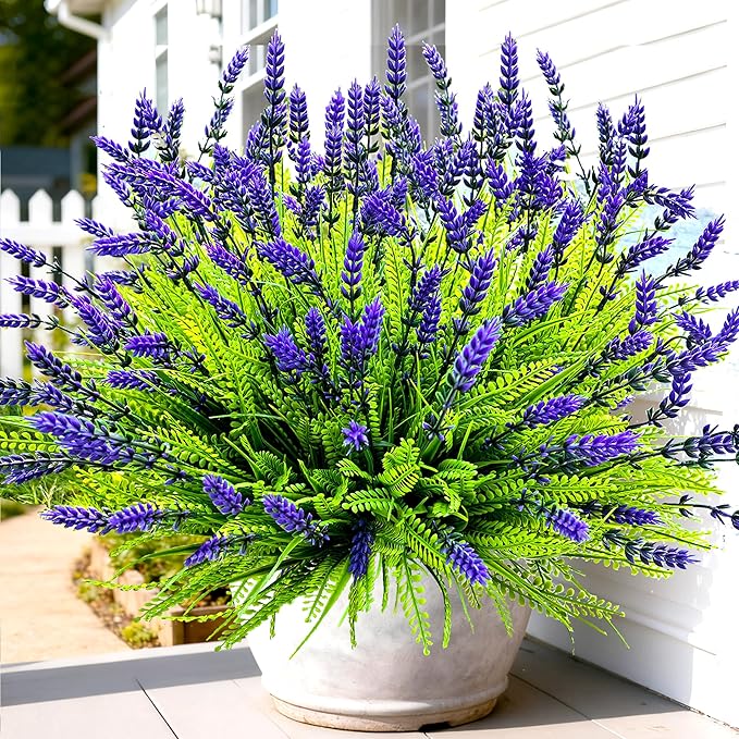 17.8" Tall Artificial Faux Plants Flowers for Outdoor Decorations, UV Resistant Fake Lavender Flowers Realistic Fake Plants Monkey Grass for Porch Garden Patio Window Box Courtyard